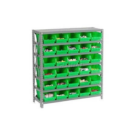 Global Industrial Steel Shelving with 30 4inH Plastic Shelf Bins Green, 36x12x39-7 Shelves 603429GN
